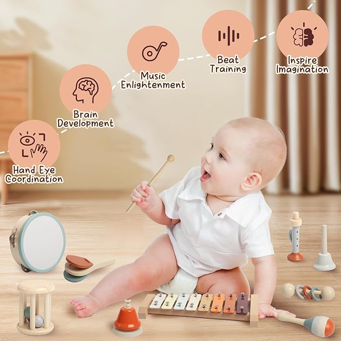 Toddler Musical Instruments Set, Montessori Baby Wooden Toys for Toddlers 1-3, Percussion Instruments for Kids with Xylophone, Neutral Colors Preschool Music Toys