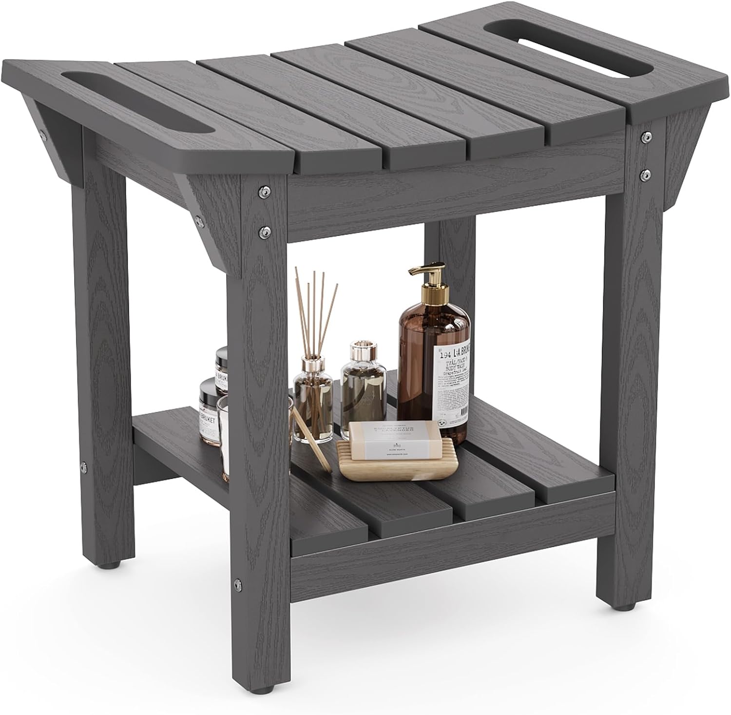 Waterproof Shower Bench, Poly Lumber Shower Stool for Shaving Legs, Shower Chair Seat with Storage Shelf and Handles, Bathroom Bench for Inside Shower, Non-Slip (Grey)