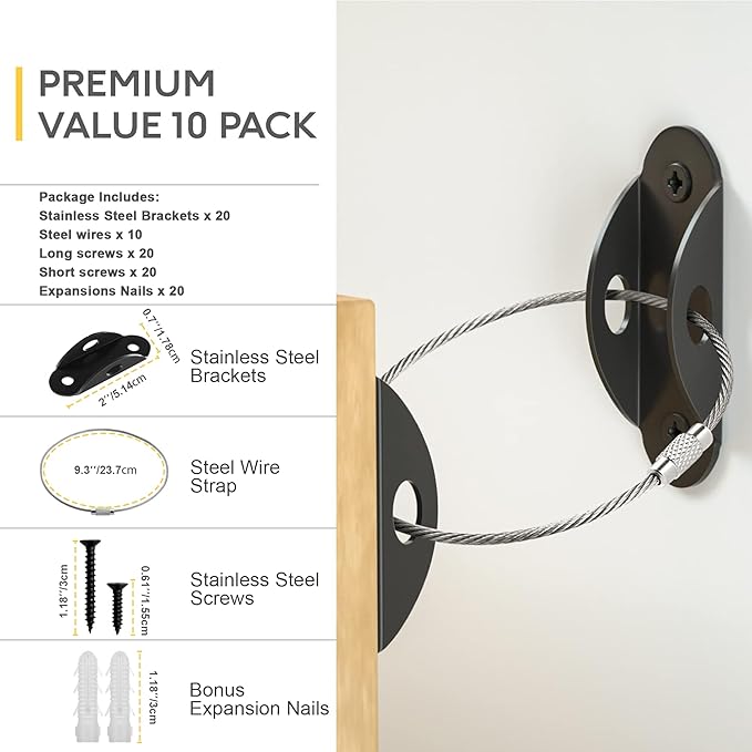 Furniture Anchors (10 Pack) Anti Tip Furniture Straps for Baby Proofing, 400lbs Tension Earthquake Resistant Metal Straps, Furniture Wall Anchor Prevent Baby Pet from Falling Furniture