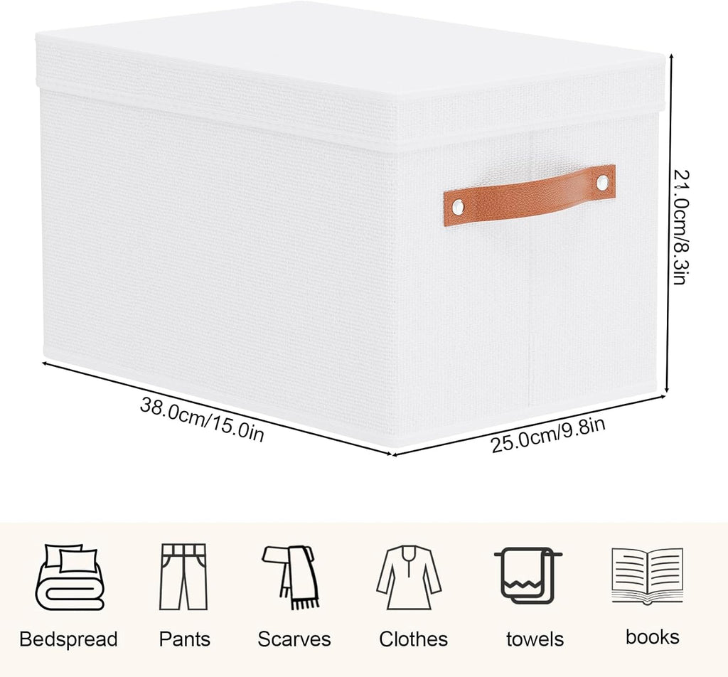 Fabric Storage Bins, Clothes Boxes for Shelves with Lids, Baskets for Organizing with Handles, Decorative Linen Closet Organizers, White, 3 Pack, 15 x 9.8 x 8.3 Inch