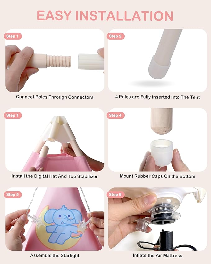 Teepee Tent for Kids with Inflatable Airbed, String Lights, Balloons, Pump, Washable Slumber Party Tent Indoor Outdoor for Girls Boys, Children Tipi Playhouse for Playtime and Sleepover