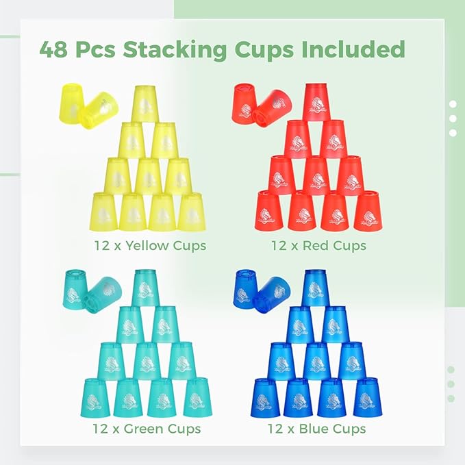 yeesport 48 PCS Sport Stacking Cups, Sport Training Game for Challenge Competition, Plastic Stacking Cups, Classic Family Game for Youth and Adults, Red+Blue+Green+Yellow