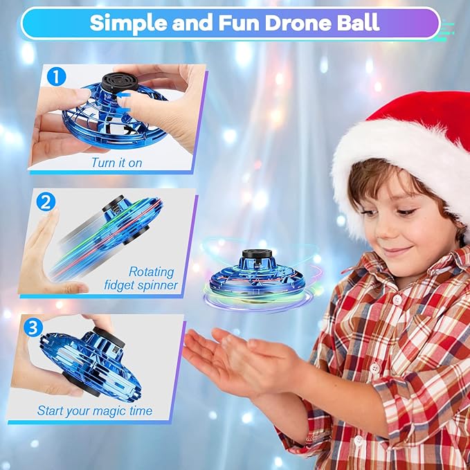 Hand Operated Mini Drone for Kids - LED UFO Flying Orb Ball, Rechargeable Mini Fidget Spinner Toy for Indoor Outdoor,Christmas Birthday Party Gifts for Girls Boys (Blue)