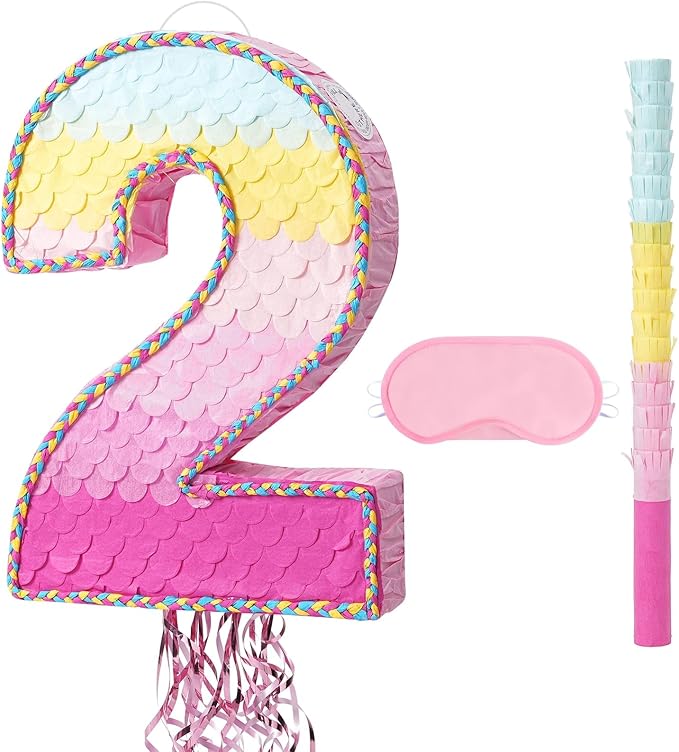 WERNNSAI Pink Sweet Two Pinata - Number 2 Pinata Happy Birthday Decoration Pink Rainbow Design Party Games for Girl Princess Baby Shower Party Favor with Blindfold Anniversary Celebration Supplies