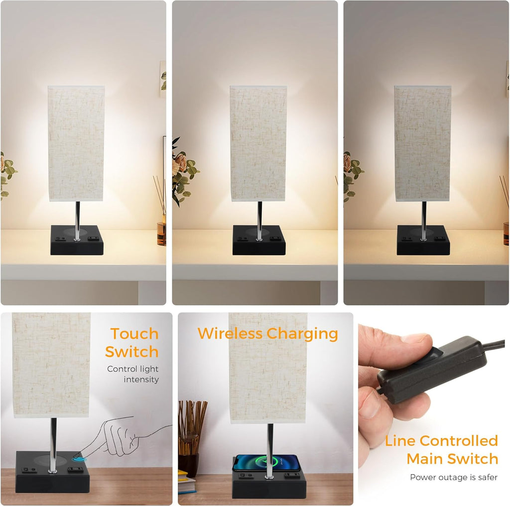 Wireless Charging Touch Control Table Lamp, Bedside Nightstand Lamp with USB Charging Port & AC Outlet, 3 Brightness Levels Adjustable, Suitable for Bedroom, Living Room, Office, LED Bulb Included