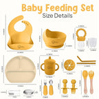 O'doe 17-Piece BPA-Free Silicone Baby Feeding Set | Thick & Soft Suction Plates, Baby Bowls, Wooden Fork & Spoon, and More | Make Mealtime Fun and Easy for Your Little One (Yellow, V2)