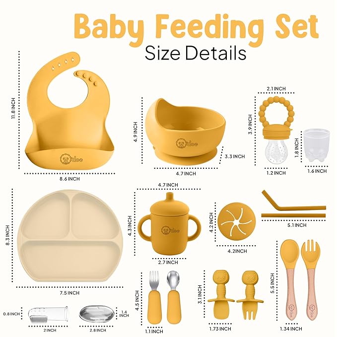 O'doe 17-Piece BPA-Free Silicone Baby Feeding Set | Thick & Soft Suction Plates, Baby Bowls, Wooden Fork & Spoon, and More | Make Mealtime Fun and Easy for Your Little One (Yellow, V2)