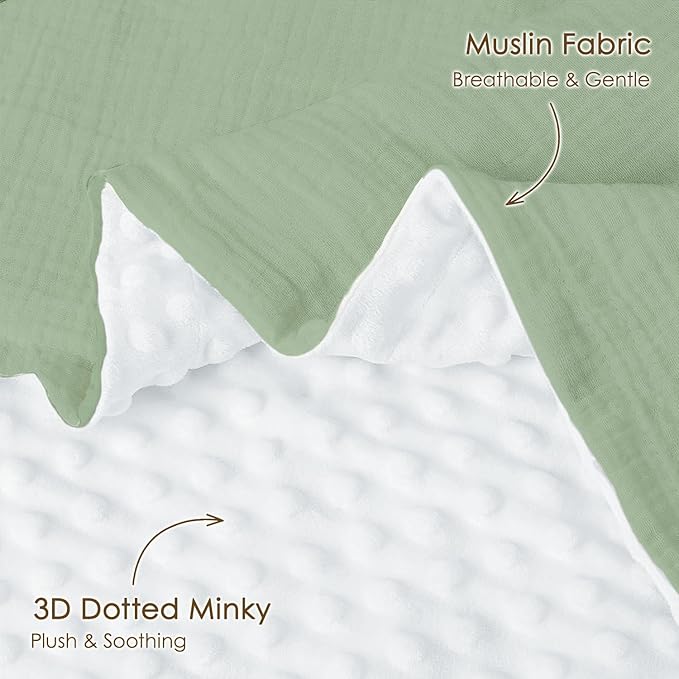 Baby Blankets for Boys Girls, Soft Nursery Minky Blankets with Muslin and Dotted Fleece Back 30x40 inches, Receiving Bed Quilt for Newborn, Infants, Toddlers (Green)