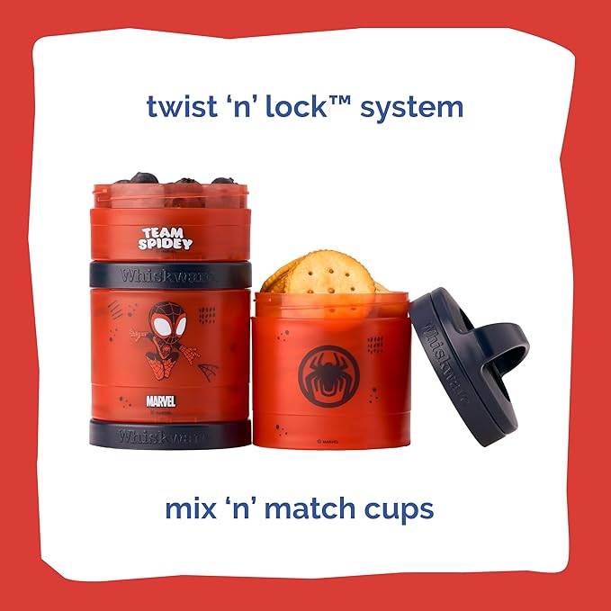 Whiskware Spider-Man Team Spidey Stackable Snack Containers for Babies, Kids, and Toddlers, 3 Stackable Snack Cups for School or Travel, Cupholder Friendly, Miles Morales