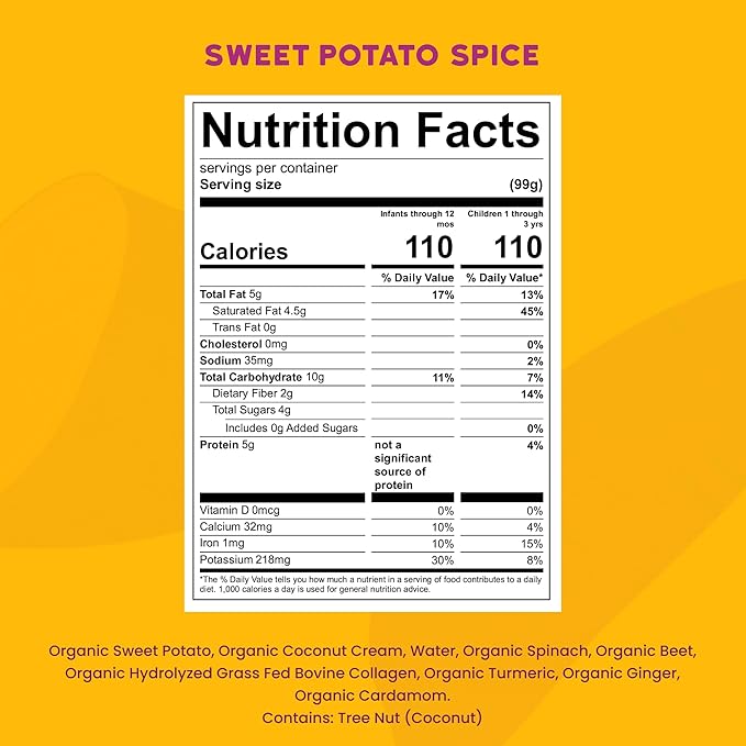 Serenity Kids 6+ Months Dairy-Free Smoothie Baby Food Pouches - USDA Organic, Grass Fed Collagen Protein - 3.5 Oz BPA-Free - Sweet Potato Spice - 6 Count - Smoothie Pouches