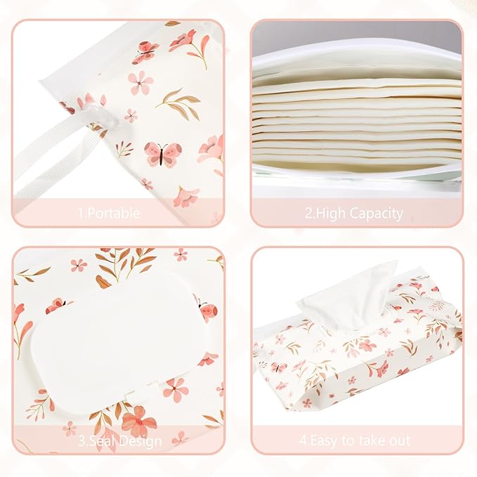 FEBSNOW 2 Pack Baby Wipes Dispenser Holder, Portable Refillable Baby Wet Wipes Pouch Container Reusable Travel Case for Outdoor Hiking, Pink Flower