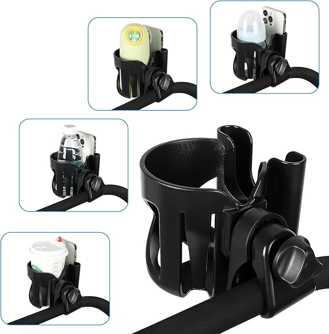 Accmor Universal Cup Holder with Hook, Stroller Cup Holder with Phone Holder, 360° Rotatable Large Caliber Designed Bottle Holder for Stroller, Bike, Wheelchair, Walker, Scooter
