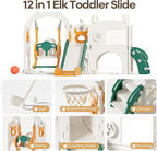 Mloong 12 in 1 Toddler Slide and Swing Set, Kids Slide for Toddlers 1-3 Years Old, Baby Playset Indoor Outdoor with Basketball Hoop Drawing Golf(Yellow & Green)(82×67×41in)