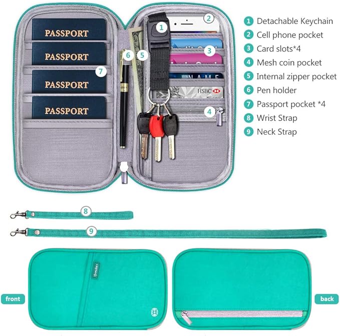 RFID Family Passport Wallet Holder Waterproof, Travel Document Organizer Credit Card Clutch Bag for Men Women