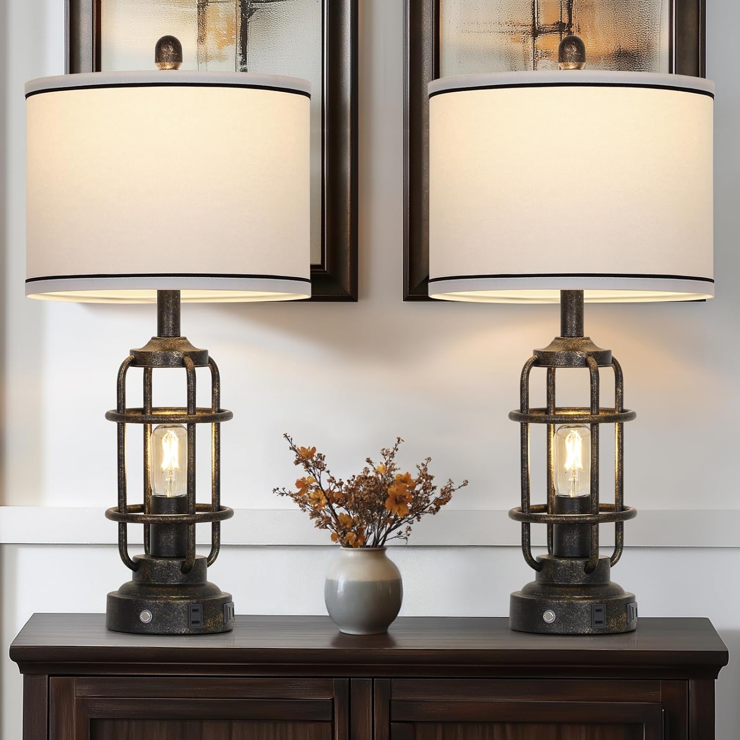 26" Vintage Industrial Table Lamps Set of 2, Farmhouse 3 Way Dimmable Touch Control LED Night Lights Table Lamp with USB A+C Ports & AC Outlet, Rustic Retro Beside Nightstand Lamp for Bedrooms Bronze