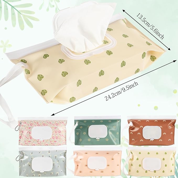 FEBSNOW 6 Pack Baby Wipes Dispenser, Portable Refillable Wipe Holder, Baby Wipes Container, Reusable Wipes Case, Baby Travel Wet Wipes Pouch (Morandi Color)