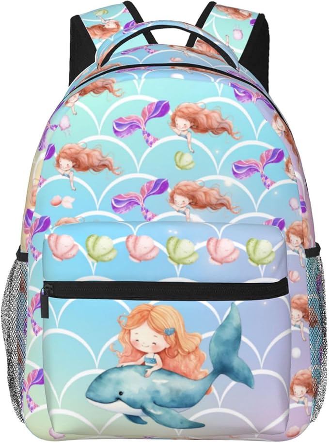 Girls Mermaid & Whale Print School Backpack, Cute Ocean-Themed Book Bag for Kids Girls Boys, Waterproof Lightweight Ergonomics Backpack for Age 3-12, Ideal for School & Outdoor Activities