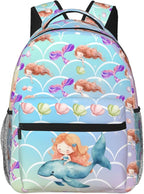 Girls Mermaid & Whale Print School Backpack, Cute Ocean-Themed Book Bag for Kids Girls Boys, Waterproof Lightweight Ergonomics Backpack for Age 3-12, Ideal for School & Outdoor Activities