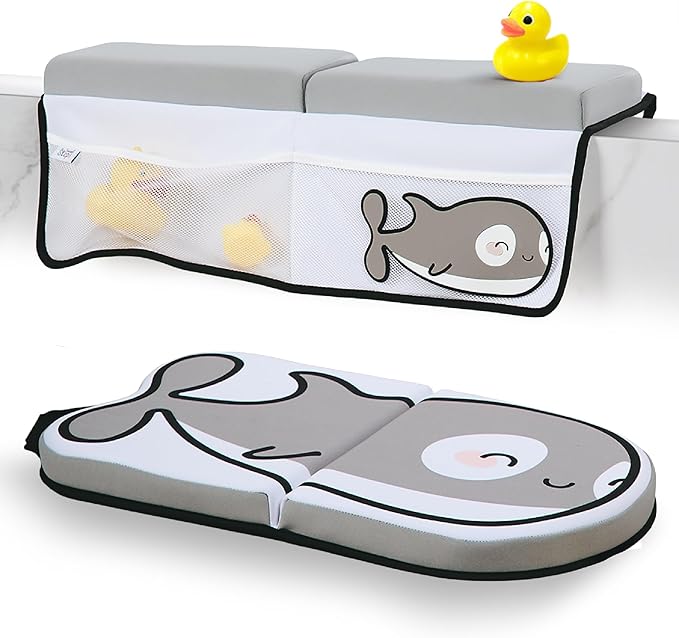 Small Steps Bath Kneeler and Elbow Rest Pad Set – Ergonomic Baby Bath Kneeling Pad with Memory Foam and Non-Slip Design – Orca-Themed Comfort with Handy Pockets for Bathing Babies and Kids