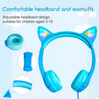 Olyre Kids Headphones with Sharing Port and Microphone, Girls Boys Headphone LED Cat Ears 85dB Volume Limited for Children/Toddler Wired On Ear for Tablets/E-Readers/Online/School/Travel - Blue