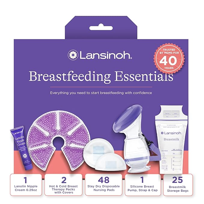 Lansinoh You’ve Got This Breastfeeding Essentials Kit for New Moms, 77-Piece Gift Set with Nursing Pads, Breastmilk Storage Bags, Nipple Cream, Hot & Cold Therapy Packs, and Silicone Breast Pump