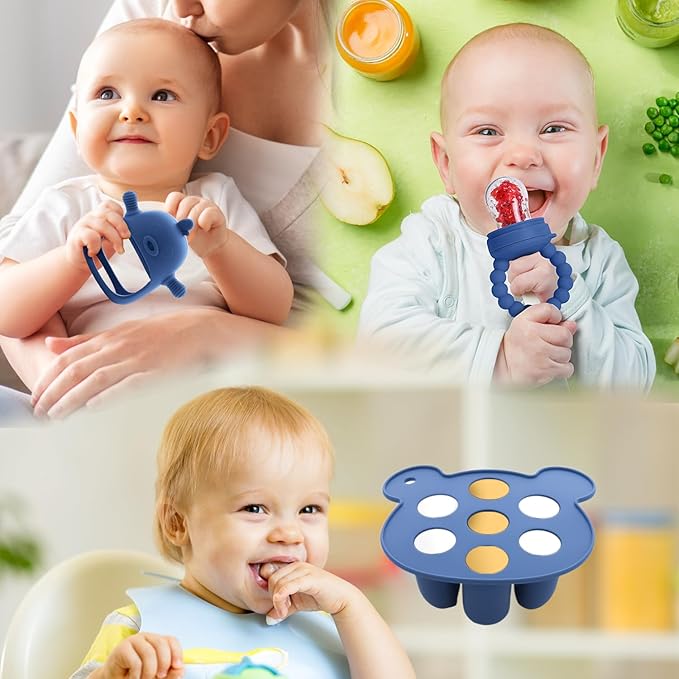 Baby Fruit Feeder & Breastmilk Popsicle Mold Set – 3 Pack Silicone Teething Relief Kit with Food Feeder Pacifier, Freezer Tray with Lid & Baby Teether Toy (Steel Blue)