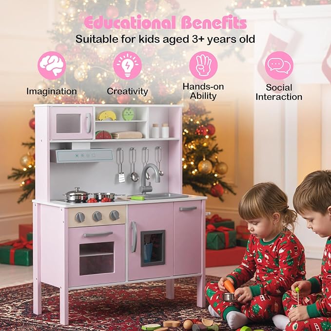 HONEY JOY Kids Kitchen Playset, Wooden Play Kitchen for Toddlers, Microwave, Range Hood, Ice Maker, 18 Cooking Accessories, Little Chef Pretend Play Toy Kitchen Set, Gift for Boys Girls, Pink