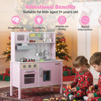 HONEY JOY Kids Kitchen Playset, Wooden Play Kitchen for Toddlers, Microwave, Range Hood, Ice Maker, 18 Cooking Accessories, Little Chef Pretend Play Toy Kitchen Set, Gift for Boys Girls, Pink