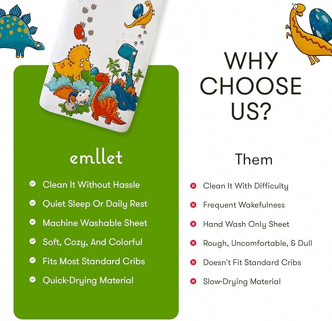 100% Cotton Crib Sheet – “Dino Adventure” Dinosaur Theme for Boys & Girls, Breathable Toddler Bedding, Fits Standard 52” x 28” Crib Mattress