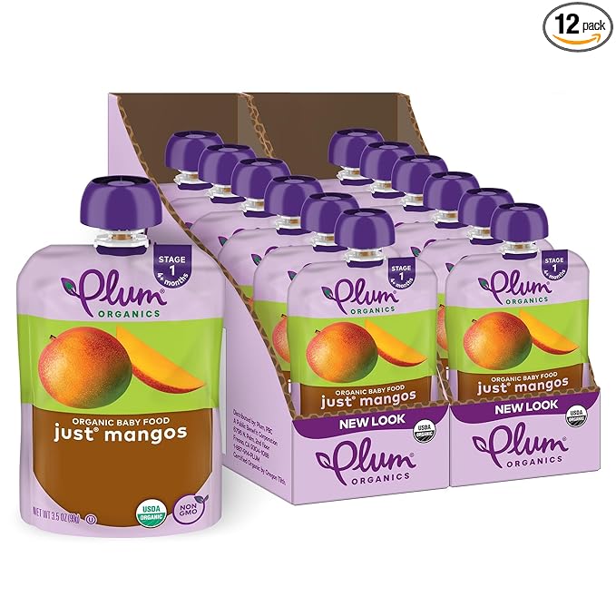 Plum Organics Just Mangos, 4+ Months - Organic Baby Food Pouches, 3.5 oz Pouch (Pack of 12)