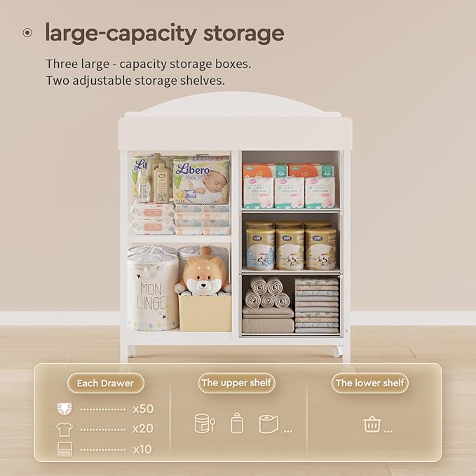Changing Table Dresser, Baby Dresser with 3 Fabric Drawers and 2 Shelves, Multi-Functional Baby Changing Table with Pad, Classic Nursery Dresser, Diaper Changing Station for Nursery, White