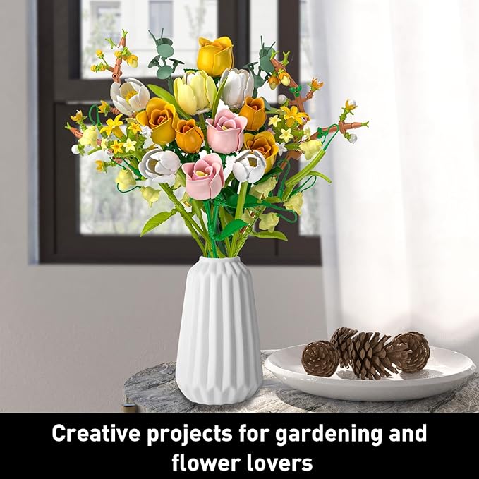 Pink Roses Bouquet Building Set for Adults - Artificial Flowers Botanical Collection for Home Decor & Table Centerpieces - Creative Gift for Women, Plant & Flower Lovers