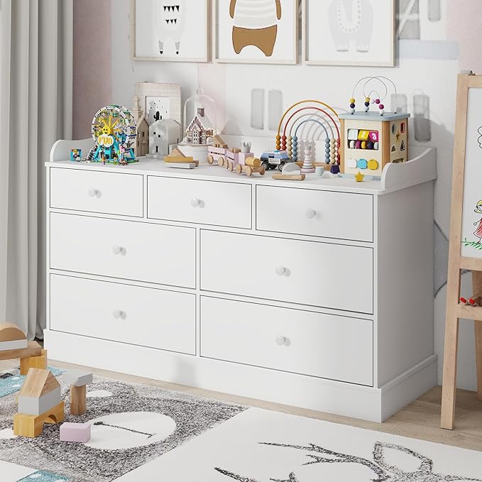Vabches Kids Dresser Cabinet with 7 Drawers, Changing Table for Nursery, White Chest of Drawers, Baby Dresser, Kids Bedroom Furniture, Nightstand for Child’s Room, White