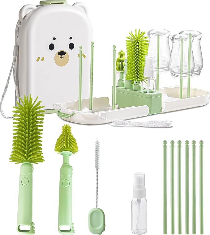 Travel Baby Bottle Cleaner Kit with Storage Case – 6-in-1 Compact Bottle Brush Set for Infant Feeding, Breast Pump Parts & On-The-Go Washing – Baby Travel Essentials for Flying (Green)