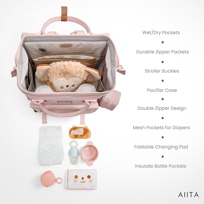 Diaper Bag Backpack, Multifunction Diaper Bag with Changing Pad, Baby Diaper Bags for Boys Girls, Stylish Large Capacity Travel Backpack for Moms Dads, Baby Shower Gifts,Unisex – Pink