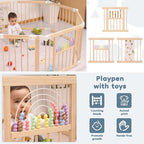 Foldable Wooden Baby Playpen Activity Center,Adjustable Size & Shape Portable Play Yard, Baby Fence Play Area with Gate for Indoor Use for Babies and Toddlers(82x55x24inches)