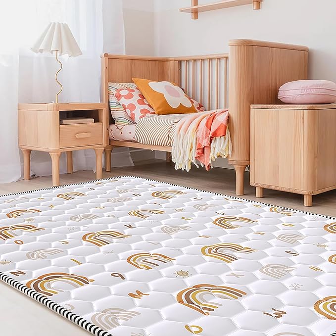 Boho Rainbow Baby Play Mat 50" X 50" Playpen Mat Thicken One-Piece Baby Crawling Mat Non-Slip Cushioned Baby Floor Mat Activity Playmats for Infants, Babies, Toddlers (50X50, Letters+Number)