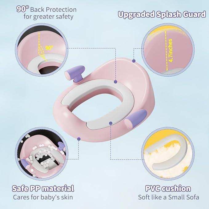Potty Training Toilet Seat with Kids Step Stool Anti-Slip Toddler Potty Seat with Soft Cushion, Baby Potty Training Set Toddlers Toilet Seat for Boys and Girls (Pink)