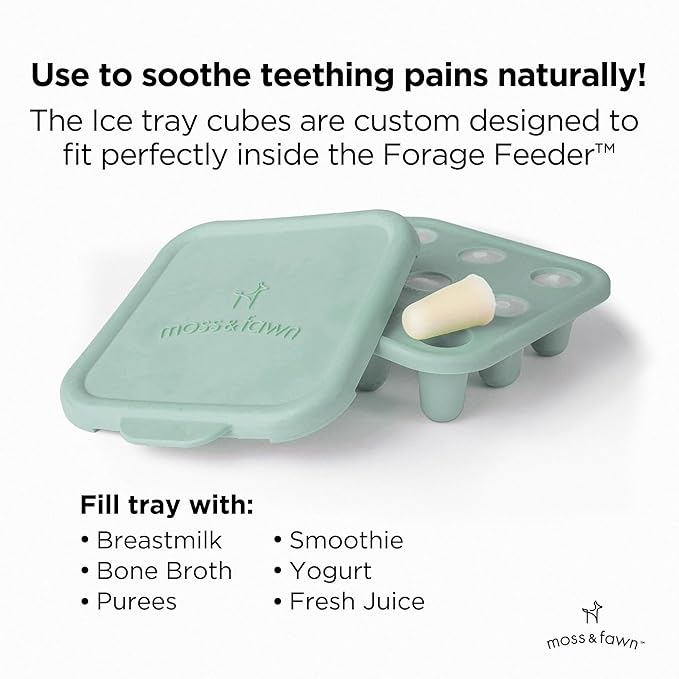 Moss and Fawn Little Explorer Kit - Silicone Frozen Breast Milk Popsicle Kit with Forage Feeder, Teething Popsicle Ice Cube Tray, & Gather & Roll Baby Feeding Bib - BPA, PVC, & Lead-Free - Fern