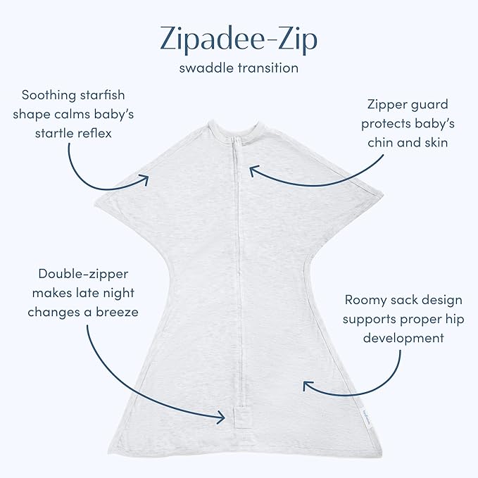 SleepingBaby Zipadee-Zip Transition Swaddle - Cozy Baby Swaddling Blanket with Zipper Convenience - Roomy Wearable Blanket for Easy Diaper Changes - 6-12 Month - Recharge Silver Heather