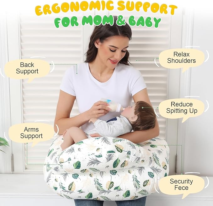 Nursing Pillow for Breastfeeding, Breastfeeding Essentials for Newborn, More Support for Mom and Baby, with Adjustable Waist Strap and Removable Cotton Cover (Green Leaves)