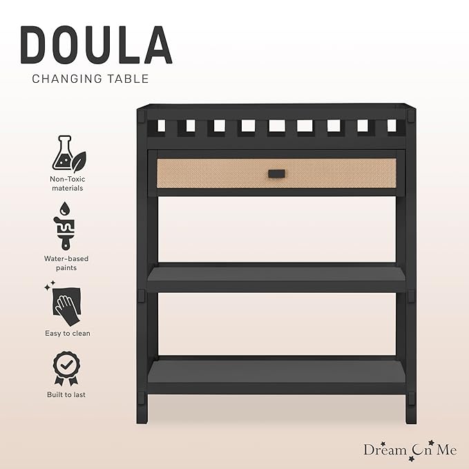 Dream On Me Doula Changing Table in Matte Black – JPMA & GREENGUARD Gold Certified, Enclosed Dressing Area for Safety, Two Spacious Storage Shelves & A Closed Drawer, Converts to Nightstand