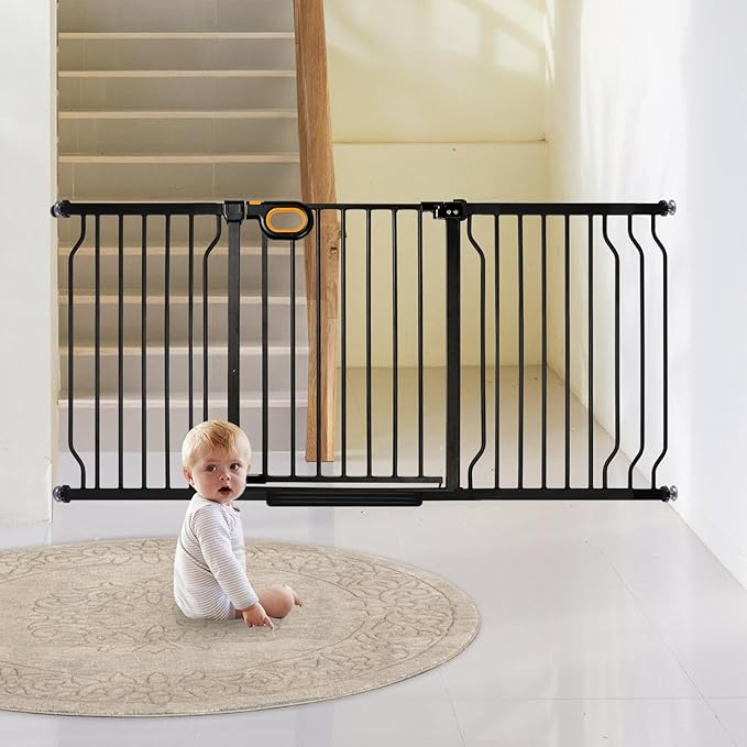owlie Stair Baby Gate 57-66 Inch, Extra Wide Safety Gate for Baby Pet Adjustable Dog Gates Indoor Extra Wide Gates Pressure Mounted for Toddler Pet for House Stairway Doorway Black (30.5'' Tall)