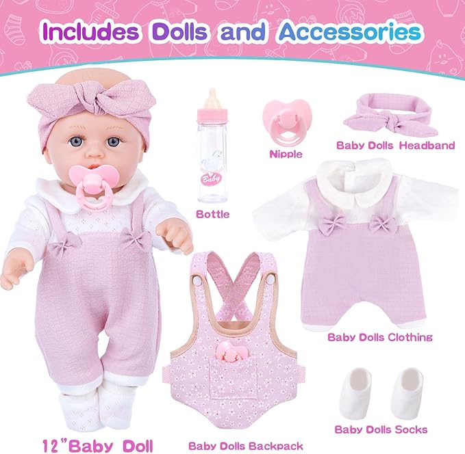 12'' Baby Doll Playset with Clothes and Dolls Carrier Accessories Included Baby Carrier, Bottles, Nipple, Socks, Headbands