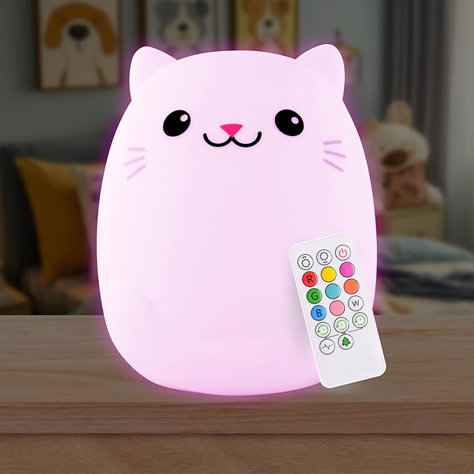 Lumipets Remote Control Silicone Night Light for Kids - Cat Design with 9 Soft Colors & Sleep Timer - Rechargeable, Battery-Operated Lamp for Bedroom | Baby Nursery, Toddler, Girls, Boys