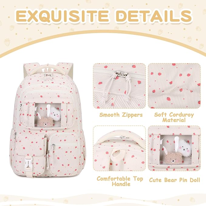 Corduroy Backpack Kids Backpack for Girls School Bags for Middle School Students Book Bag for Elementary Primary Kawaii Ita Backpack, Beige Strawberry