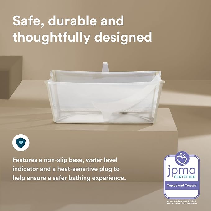 Stokke Flexi Bath Bundle, Sandy Beige - Foldable Baby Bathtub + Newborn Support - Durable & Easy to Store - Convenient to Use at Home or Traveling - Best for Newborns & Babies Up to 48 Months