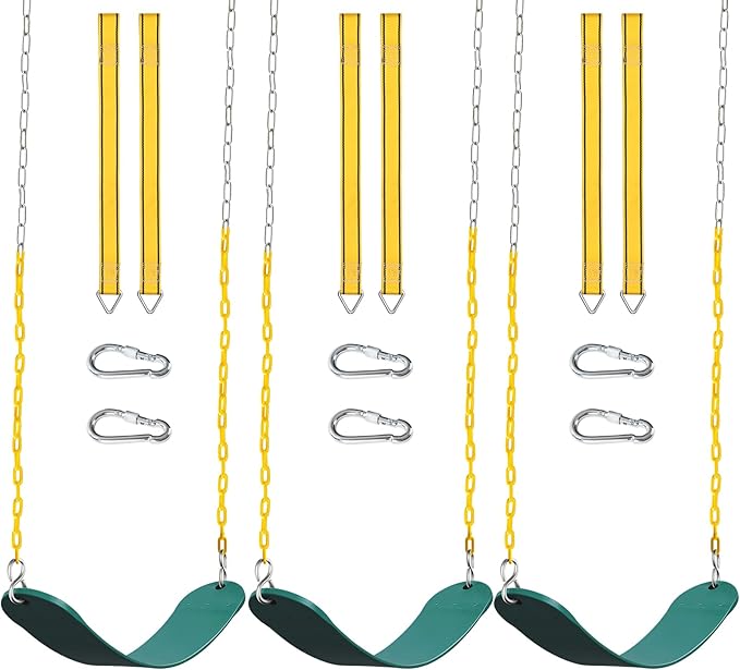 PACEARTH 3 Pack Swings Seats Holds 660lbs with 68.9 inch Anti-Rust Chains Plastic Coated 23.6 inch Tree Hanging Straps and Locking Buckles Playground Swing Set Accessories Replacement - Green