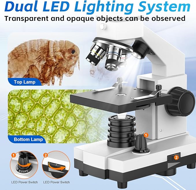 40X-2000X Monocular Microscope for Adults & Kids - Wozel Compound Microscopes for Kids with Dual LED Lights - Professional Biological Microscope with Phone Adapter Slide Set for School Home Education