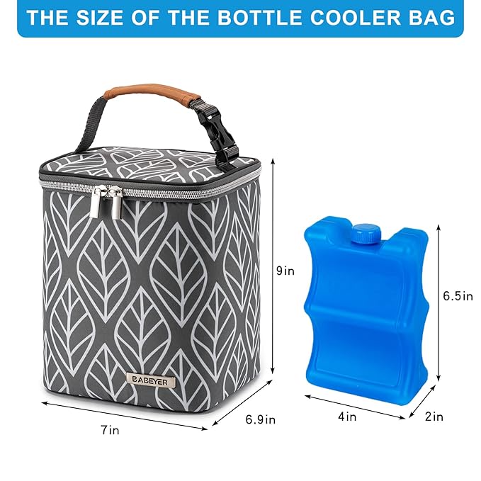 Breast Milk Cooler Bag with Ice Pack Fits 4 Baby Bottles Up to 9 Ounce, Baby Bottle Bag for Nursing Mom Daycare-Grey